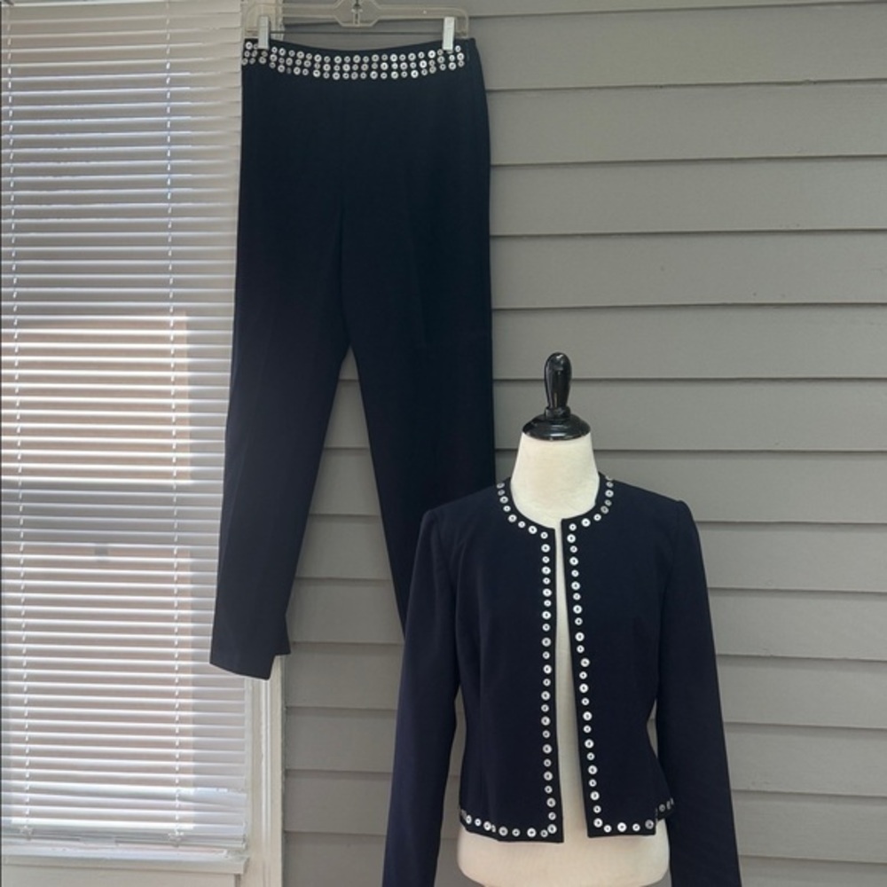 Vintage Nouveaux Navy  Women's Embellished Bolero Jacket & Pants Set 6P